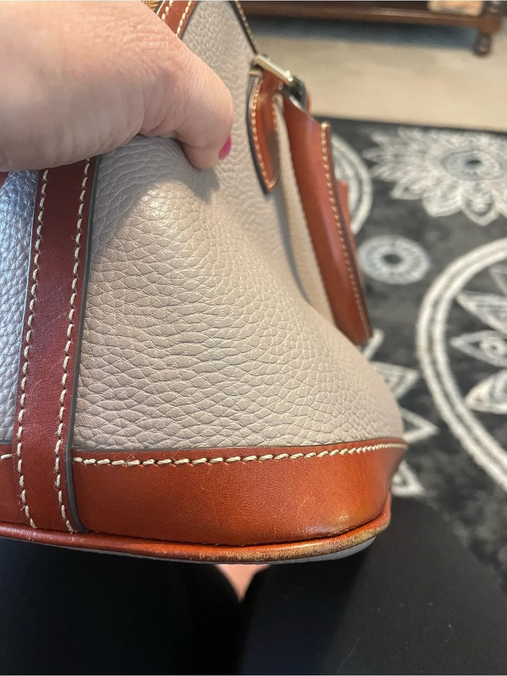 Dooney & Bourke Beige Pebbled Leather Satchel with Brown Trim
